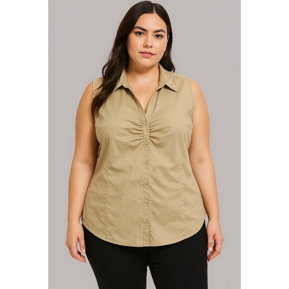 White Stag Size 3X Beige Women's Summer Casual Button Down Sleeveless Blouse - Picture 4 of 9